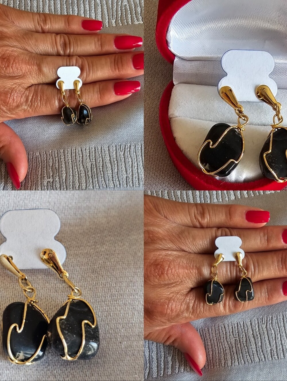 Gold-Trim Genuine  Black Agate  Stone Drop Earrings - Women Jewelry